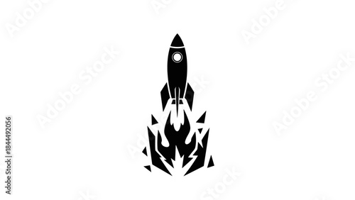 Black silhouette of a rocket launching with fire and smoke elements against a white background