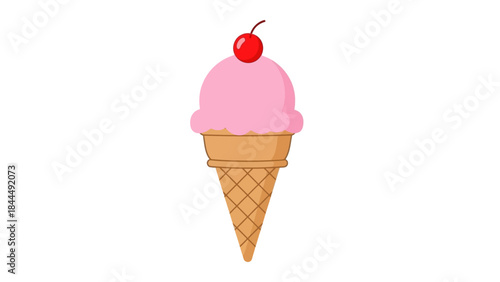 Cartoon illustration of a single scoop pink ice cream cone with cherry on top suitable for