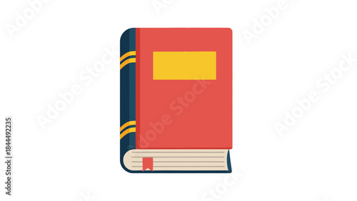 A flat design illustration of a red hardcover book with a yellow label and blue spine