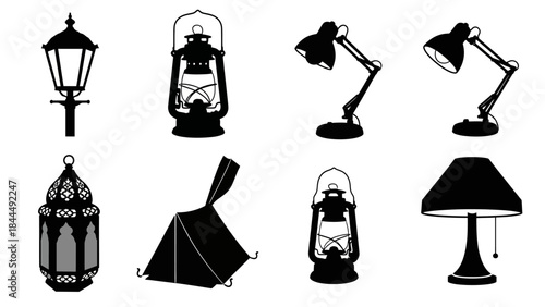 A Collection of Silhouette Icons Featuring Various Lighting Fixtures and Camping Gear