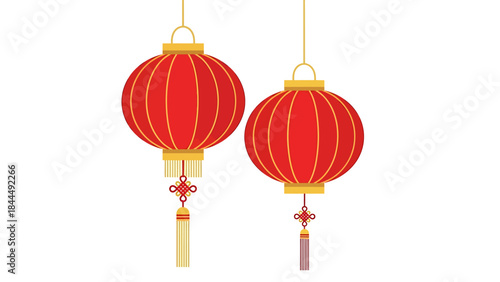 Two Red Chinese Lanterns with Tassels on White Background