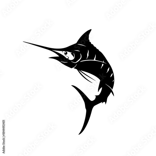 Black marlin fish jumping out of water, stylized silhouette vector illustration.