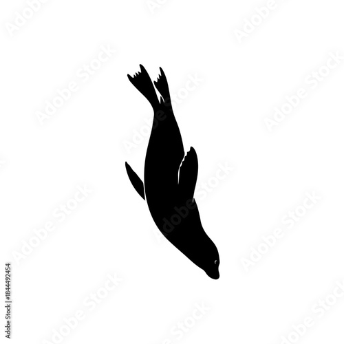 Black silhouette of a seal or sea lion diving headfirst into water, isolated on a white background.