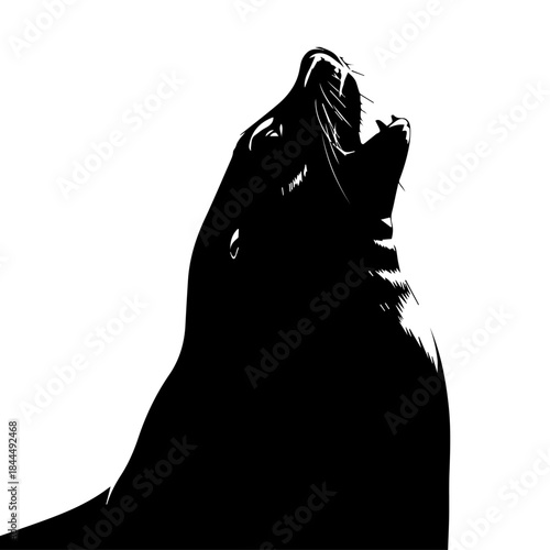 A striking black and white silhouette of a sea lion with its head thrown back and mouth open in a powerful roar.