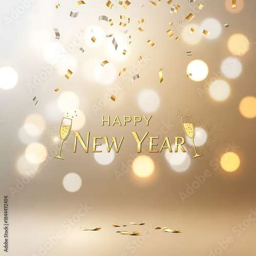 Happy New Year greeting with champagne glasses and gold bokeh