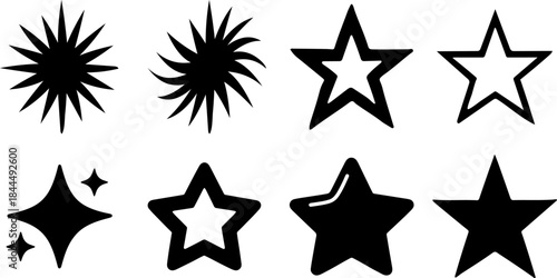 Star Icon Set Collection – Black Silhouette Stars, Sparkle and Burst Shapes Vector