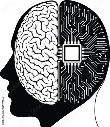 Digital brain half with circuit board neural network on transparent background silhouette