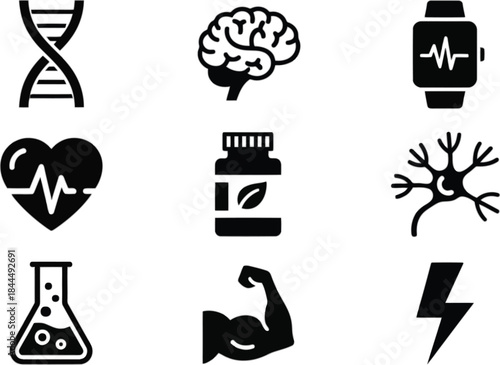 Biomedical science icons set displaying various concepts on transparent background silhouette
