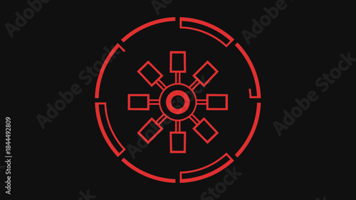 Abstract Red Circular Geometric Design with Central Hub and Spokes.