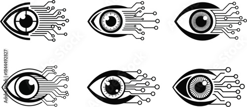 Digital eye icons with circuit board details on transparent background silhouette