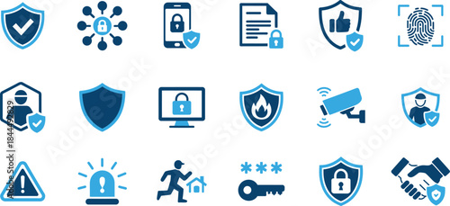 Collection of blue and teal security and protection icons on white background