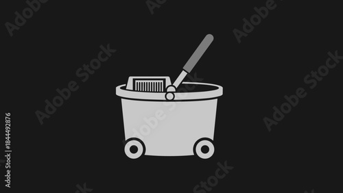Cleaning bucket with mop and brush on wheels.