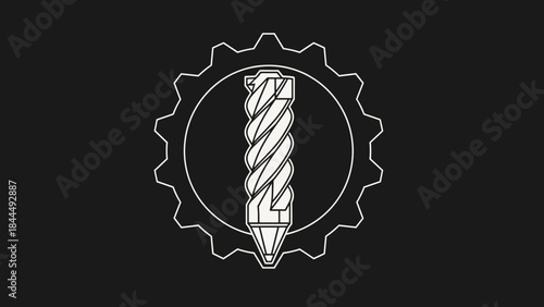Detailed Illustration of a Twisted Drill Bit within a Gear Outline.