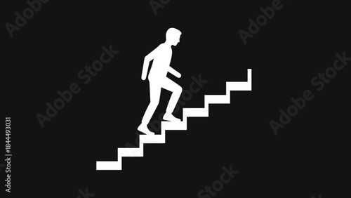 Silhouette of a man climbing stairs against a black background.