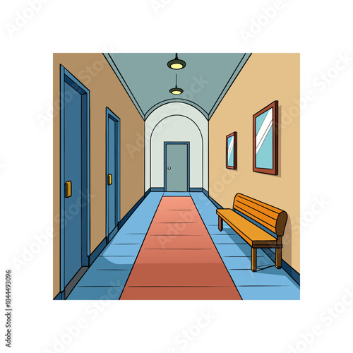 Hallway with doors bench and wall decor on transparent background