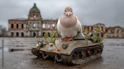 Fototapeta Naklejka Na Ścianę i Meble -  A pigeon is perched on top of a tank
