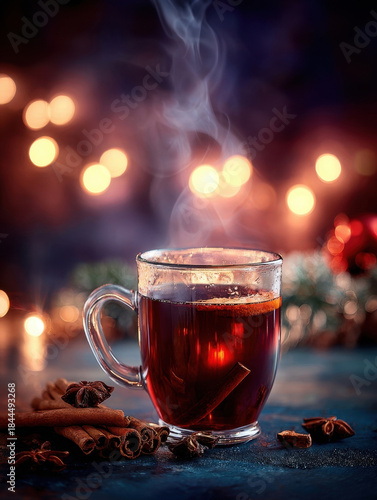 Mulled wine steaming in a glass mug with cinnamon and star anise, creating a cozy winter scene