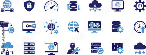 Modern information technology and global networking icon set with data security and cloud computing elements