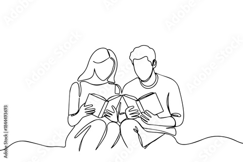 Single continuous line drawing couple students reading together, learning and sitting at park. Literature fans or lovers, education concept.