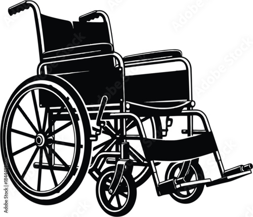 Black wheelchair outline illustration with clean lines on transparent background silhouette