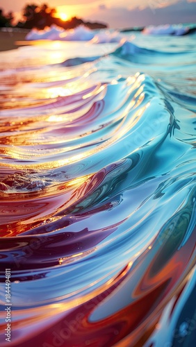 Ocean Wave at Golden Hour Refracting Sunlight with Teal and Orange Hues on a Sandy Beach