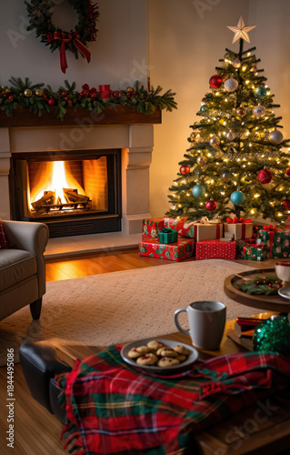 A warm and cozy living room on Christmas Eve with decorated Christmas-tree, adorned with twinkling lights and festive wrapped presents stacked beneath. A roaring fire crackles merrily in the fireplace