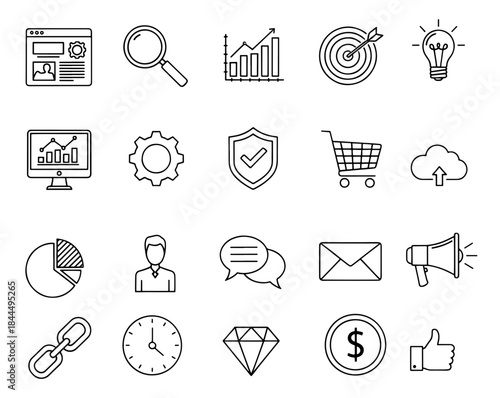 Comprehensive collection of outline icons representing business, marketing, web analytics, and e-commerce concepts for modern digital applications and services