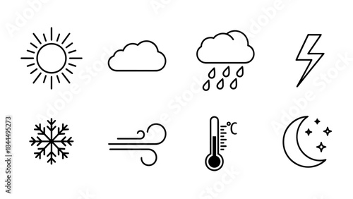 Collection of weather condition icons including sun, clouds, rain, lightning, snowflake, wind, thermometer, and moon with stars