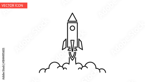 Simple Line Art Rocket Launching into Space with Smoke Trails.