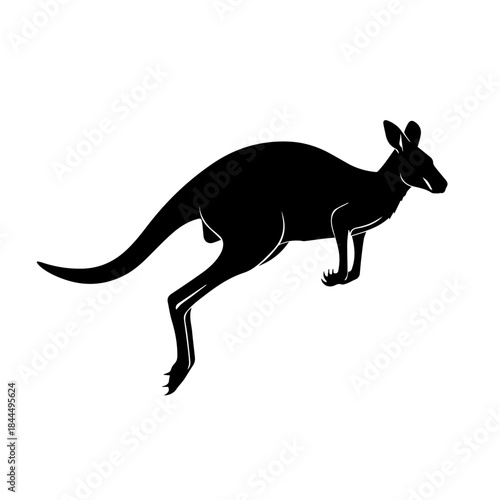 A black silhouette of a kangaroo in a jumping or hopping pose, isolated on a white background, depicting its powerful legs and tail.