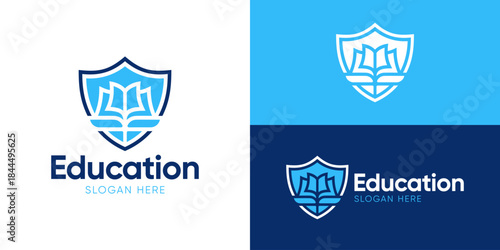 Creative simple education logo template. Shield with book logo design vector illustration.