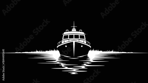 Front view of a boat sailing on water at night with a dark background.