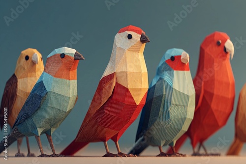 Colorful Geometric Birds Standing Together in a Bright, Artistic Display Generative AI