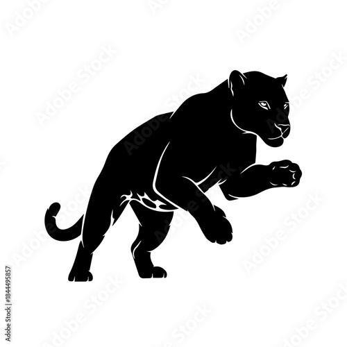 Black panther silhouette in a dynamic pouncing or leaping pose, isolated on a white background, depicting strength and agility.