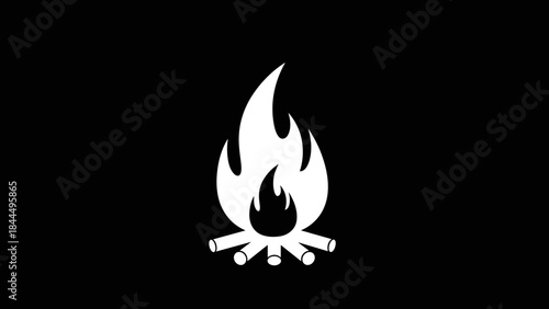 Stylized White Campfire Icon on Black Background.