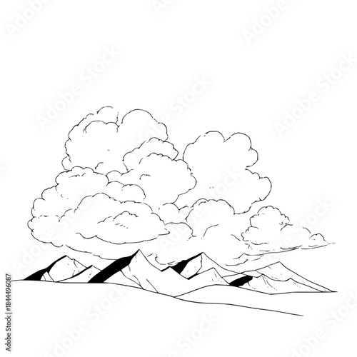 Dreamy mountain escape: where fluffy clouds meet majestic peaks, a serene landscape that whispers adventure and peace