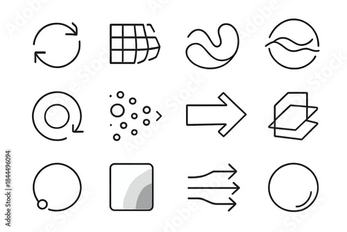 Fluid Motion Icons. Dynamic Transition linear set: rotating arrows, shifting grid, fluid motion icon, adaptive wave, transformation ring, evolving cluster, transition beam, layered
