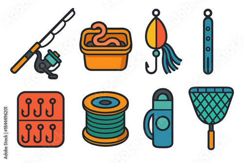 Modern Fishing Gear Icons. Freshwater Fishing Set flat set: medium rod, reel handle, worm bait tub, spinner lure, sinker strip, hook organizer, braided line, collapsible net.