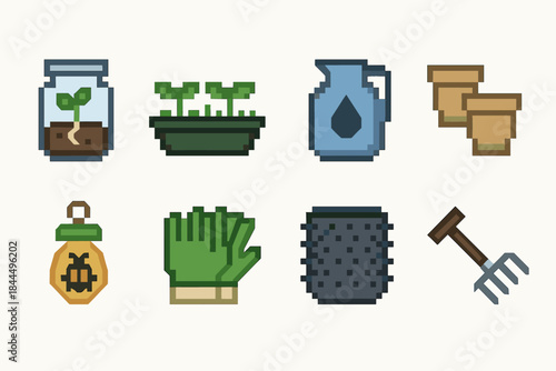 Garden Tools Icons. Clean-Grow Garden Tools set of icons in flat pixel vector style: seed sprouter, microgreen tray, rainwater jug, biodegradable pots, beneficial insect lure,