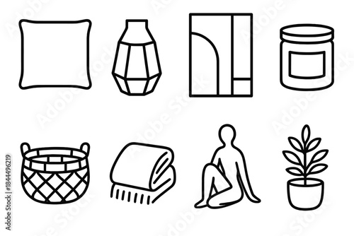 Modern Home Essentials. Modern Home Accents linear set: minimal cushion, geometric vase, abstract wall panel, scented candle jar, rattan basket, folded throw, modern figurine,