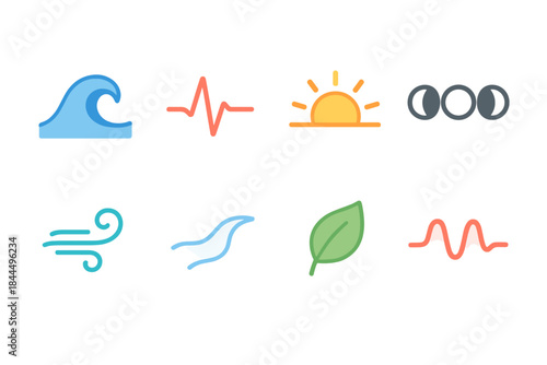 Natural Rhythm Icons. Natural Rhythm Elements flat set: ocean wave, heartbeat line, sunrise arc, moon phase cycle, breeze swirl, flowing river line, leaf drift, gentle pulse.