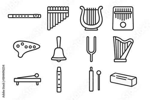 Melodic Instruments Icons. Melodic Instruments Collection linear set: flute, pan pipes, lyre, kalimba, ocarina, handbell, tuning fork, simple harp, xylophone bar, whistle flute,