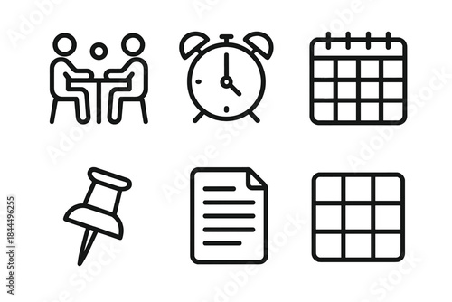 Daily Coordination Icons. Daily coordination kit linear set: meeting icon, alarm clock, day planner, note pin, agenda sheet, structured grid.