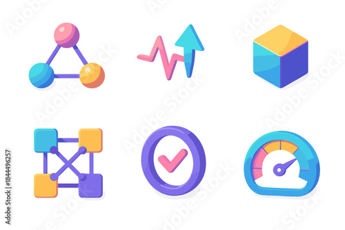 Colorful Blockchain Icons. Decentralized Verification Set flat isometric set: peer-to-peer node, validation pulse arrow, block tile, hash connection icon, proof-of-stake ring,