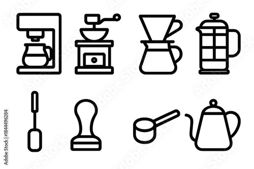 Coffee Equipment Icons. Coffee prep equipment linear set: brewing machine, grinding tool, pour-over tile, press pot icon, milk frother, tamper, measuring scoop, hot water kettle.