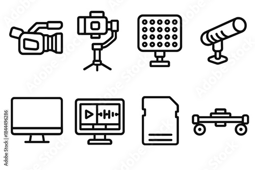 Video Production Icons. Video production essentials linear set: camcorder, stabilizer tripod, LED light tile, shotgun mic, display monitor, editing software icon, storage card,