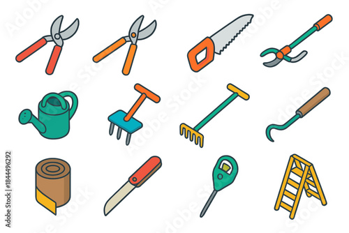 Tree Care Icons. Tree Care & Maintenance Tools isometric flat set: pruning shears, lopper, hand saw, pole pruner, watering can, soil aerator, mulch rake, root hook, tree wrap,