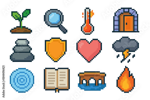 Emotional Growth Icons. Emotional Growth Toolkit pixel style set: growth plant, awareness lens, mood thermometer, grounding stone, openness door, confidence shield, self-kindness