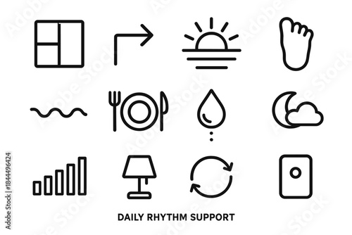 Daily Rhythm Icons. Daily Rhythm Support linear set: structured time block, flow–break arrow, morning activation sun, steady step marker, calm breath line, nourishing meal cue,