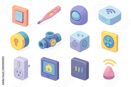 Colorful Home Automation Icons. Home Automation Tools flat isometric set: smart switch, temperature probe, occupancy sensor, Wi-Fi hub, smart lock core, water-flow sensor,